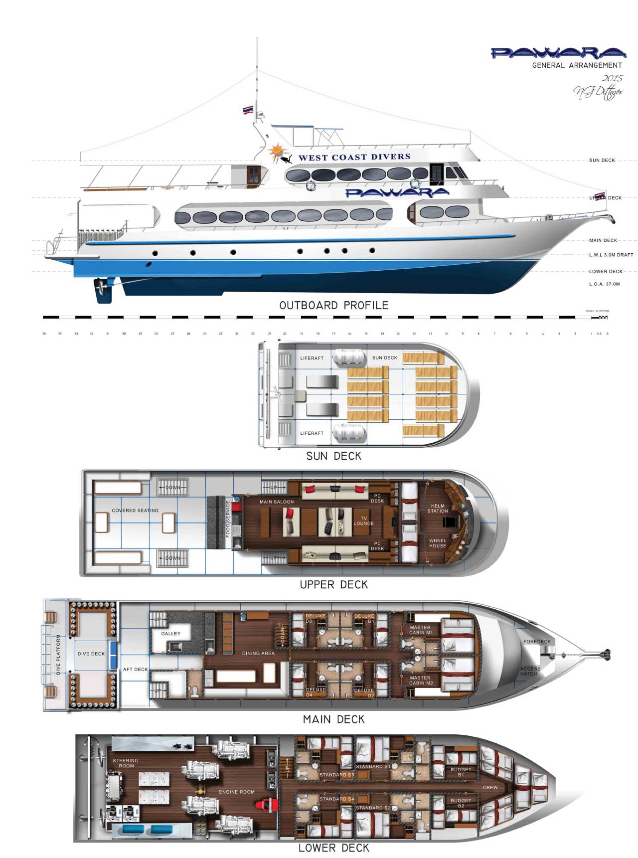 Marine Vessel Pawara's Deck Layout, diving liveaboard to the Similan Islands